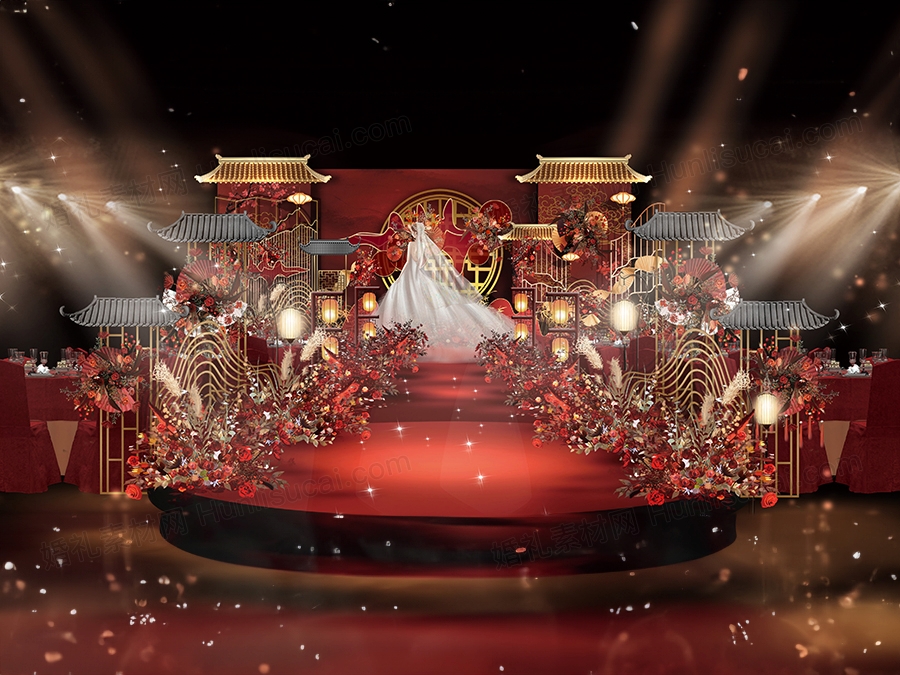新中式婚礼效果图红色婚庆舞台区布置参考设计PSD分层手绘素材 - 婚礼素材网