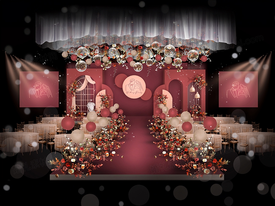 泰式深红色婚礼效果图设计素材舞台合影区签到区背景喷绘KT源文件 - 婚礼素材网
