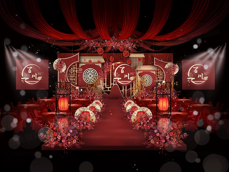 暗红色新中式婚礼效果图喷绘KT输出源文件制作素材舞台签到背景 - 婚礼素材网