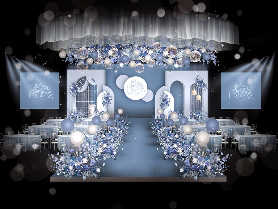 简约INS蓝色婚礼效果图雾霾蓝仪式留影甜品区设计策划方案psd文件 - 婚礼素材网