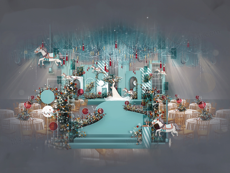 高端蒂芙尼蓝色婚礼设计效果图素材时尚梦幻舞台展示区设计方案 - 婚礼素材网
