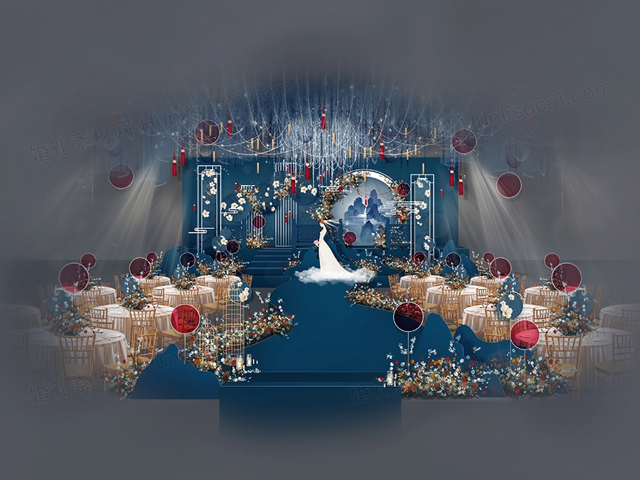 蓝色新中式婚礼效果图喷绘KT制作背景素材PSD源文件小红书款方案 - 婚礼素材网