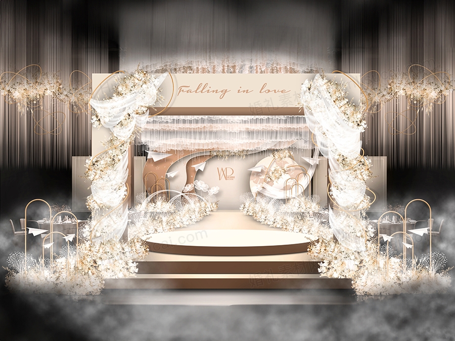 香槟色大厅婚礼效果图设计合影区签到区布置PSD方案手绘花艺素材 - 婚礼素材网