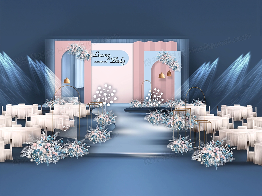 蓝粉色INS简约风格婚礼设计婚庆舞台效果图背景方案喷绘素材 - 婚礼素材网