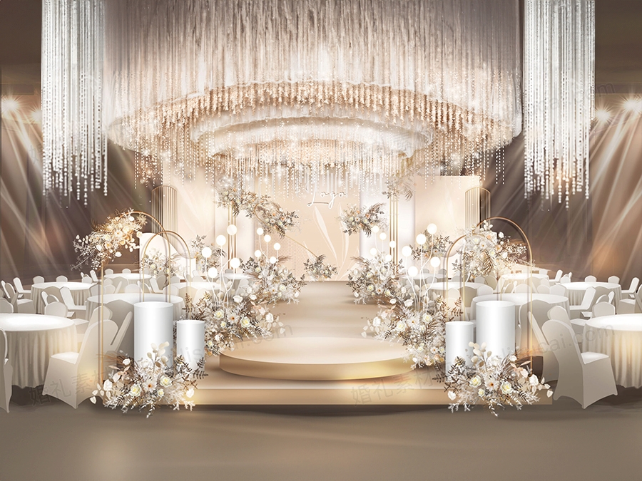 香槟色INS简约高端舞台婚礼设计婚庆效果图背景方案喷绘素材 - 婚礼素材网