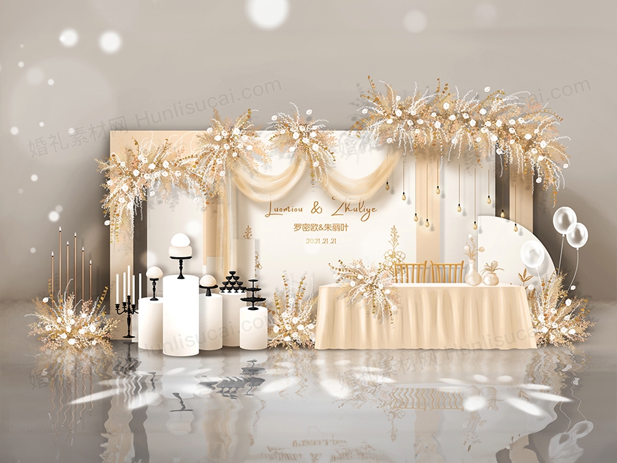 浅香槟色简约风格婚礼设计展示区甜品区签到区背景方案素材效果图 - 婚礼素材网