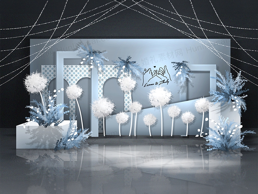 雾霾蓝泰式简约婚礼设计婚庆效果图展示区迎宾区背景喷绘素材 - 婚礼素材网
