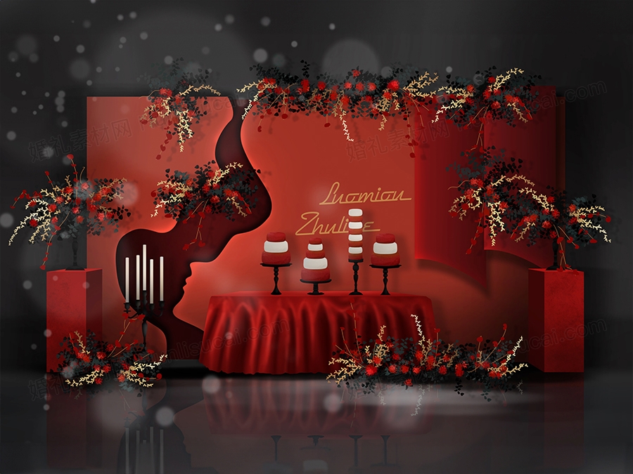 砖红色勃艮第红焦糖色泰式简约婚礼设计展示区创意背景素材效果图 - 婚礼素材网