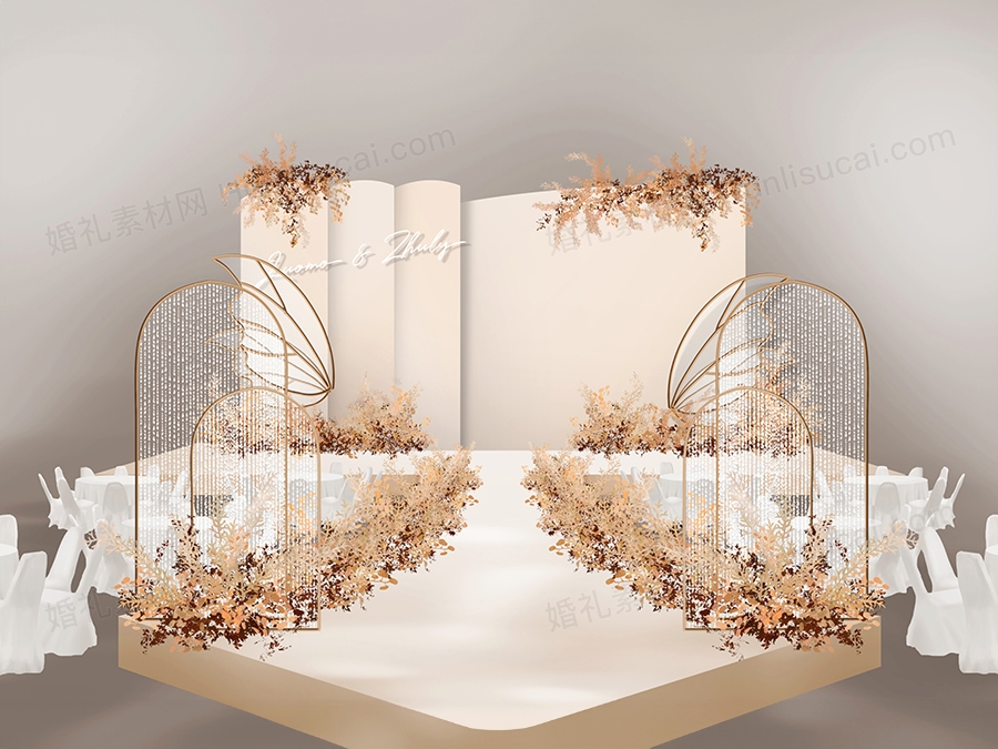 香槟色简约泰式多层次圆柱背景婚礼设计舞台背景喷绘素材效果图 - 婚礼素材网