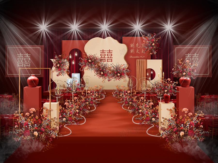 红色香槟色侘寂宅寂风格新中式婚礼设计效果图背景喷绘素材psd - 婚礼素材网