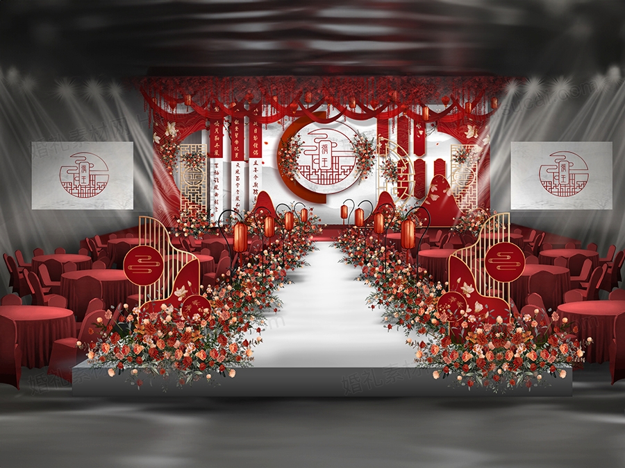 红白色新中式喜庆婚礼设计效果图舞台展示区背景喷绘素材psd - 婚礼素材网