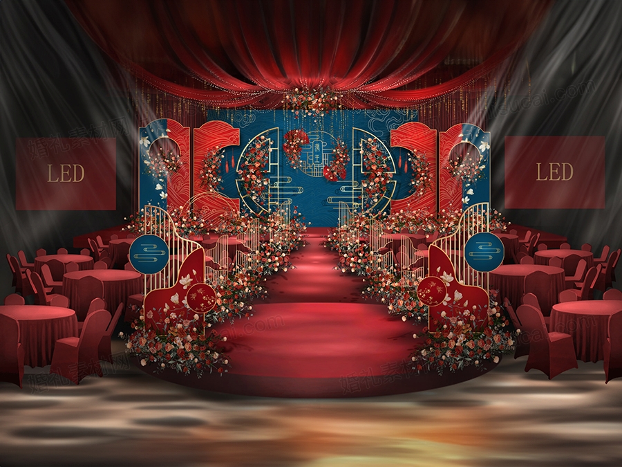 红色蓝色撞色喜庆新中式婚礼设计婚庆效果图背景喷绘素材psd - 婚礼素材网