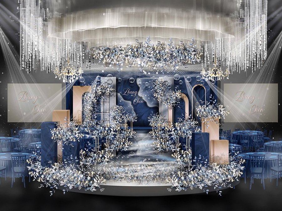 蓝色艺术创意高端婚礼设计婚庆效果图舞台展示区背景素材psd - 婚礼素材网
