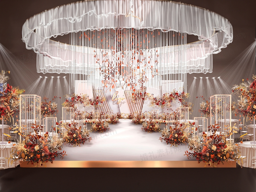 白色粉香槟色高端吊顶手绘婚礼设计舞台效果图方案素材psd - 婚礼素材网