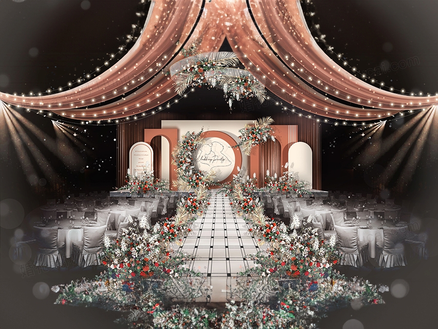 香槟色橘色泰式婚礼设计婚庆效果图舞台展示区背景喷绘素材psd - 婚礼素材网