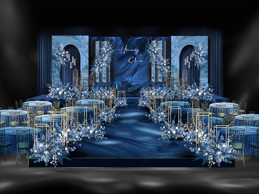 蓝色水彩油画笔触艺术背景婚礼设计婚庆效果图背景方案素材psd - 婚礼素材网