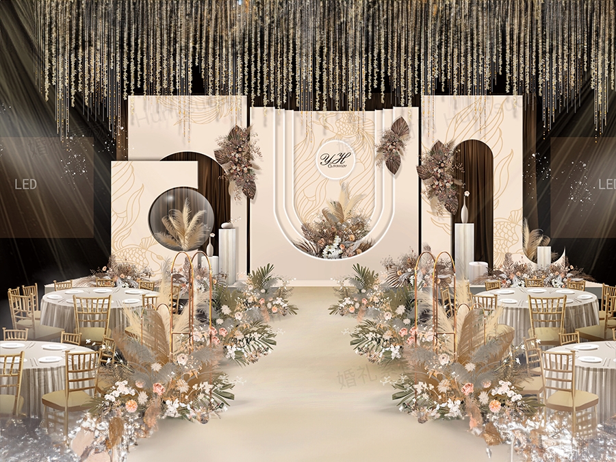 香槟色婚礼设计效果图 锦鲤小红书款泰式婚礼 PSD素材布置背景 - 婚礼素材网