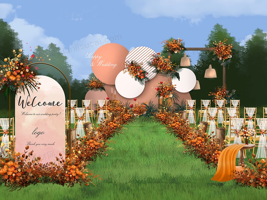 低预算户外橙色秋色调小众婚礼效果图PSD源文件制作背景素材 - 婚礼素材网