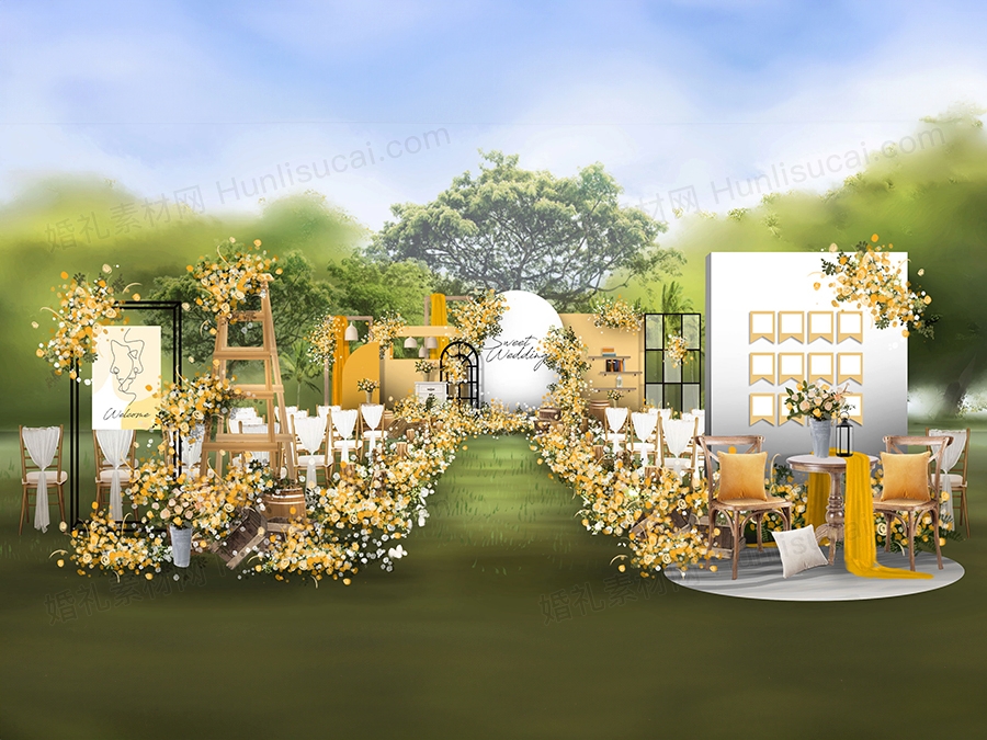 嫩黄色户外泰式简约时尚高端莫兰迪草坪婚礼设计效果图素材psd - 婚礼素材网