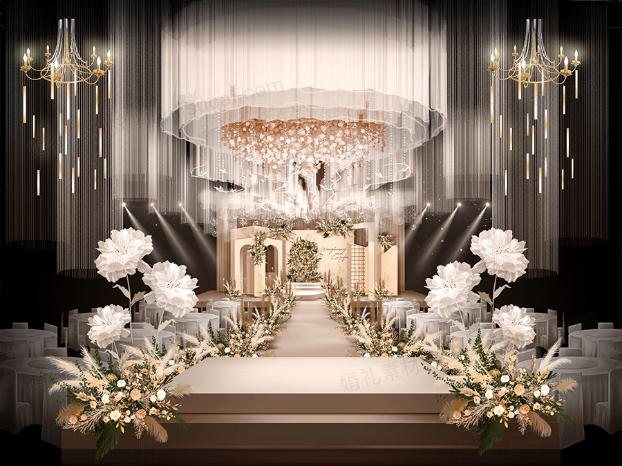 香槟色简约高端泰式婚礼设计舞台效果图背景喷绘素材psd源文件 - 婚礼素材网