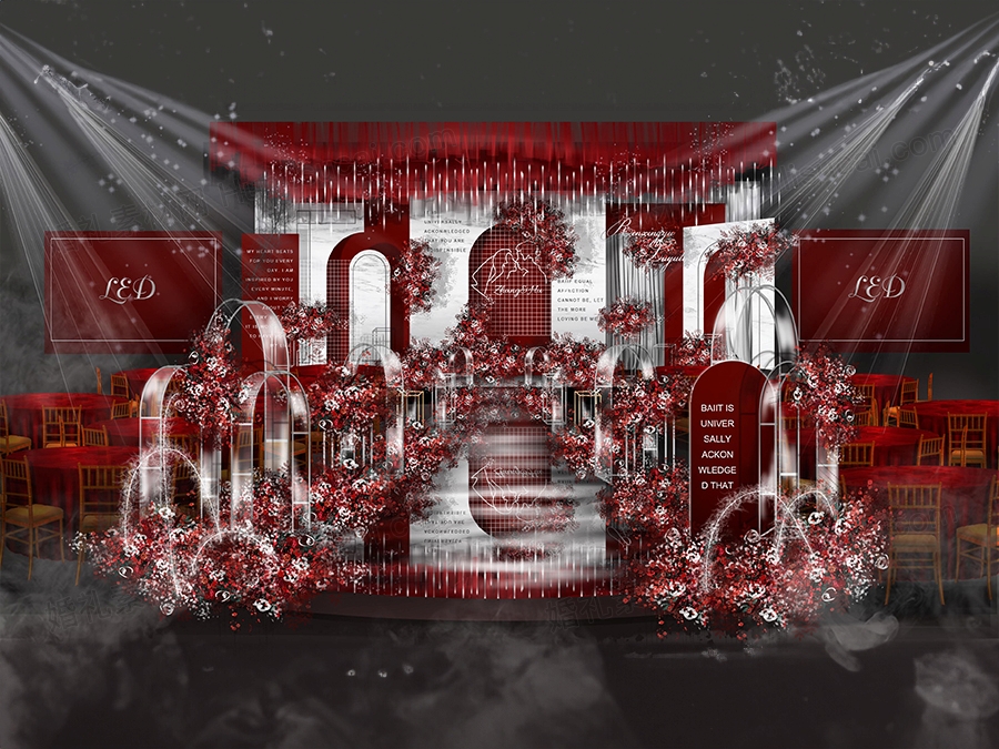 红白色大理石背景设计婚礼效果图PSD源文件素材舞台留影区设计 - 婚礼素材网