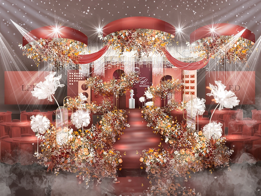 莫兰迪色系婚礼设计效果图砖红色背景小红书同款舞台留影区设计 - 婚礼素材网