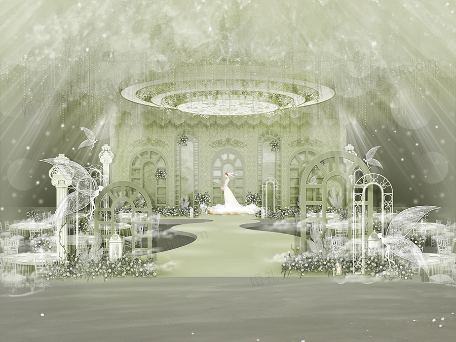 抹茶绿色系婚礼设计效果图舞台留影区背景设计PSD制作文件素材 - 婚礼素材网