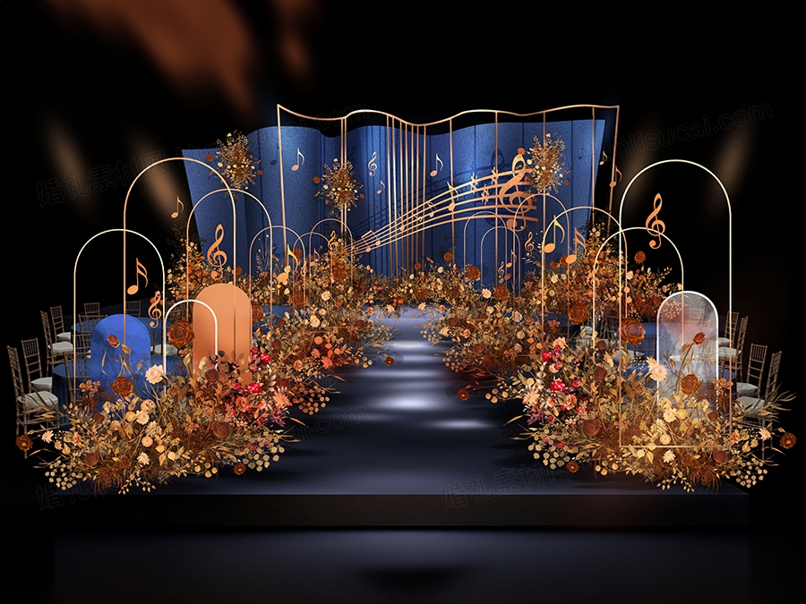 蓝色异形创意圆弧背景音乐主题婚礼设计婚庆舞台效果图背景素材 - 婚礼素材网