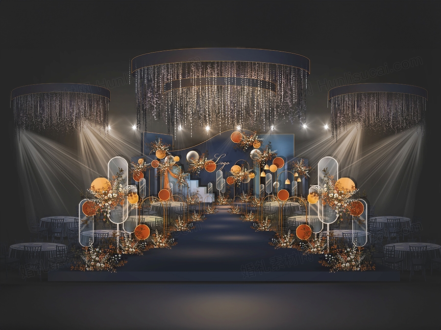 深蓝色创意拱形泰式婚礼设计婚庆舞台效果图背景喷绘素材psd - 婚礼素材网