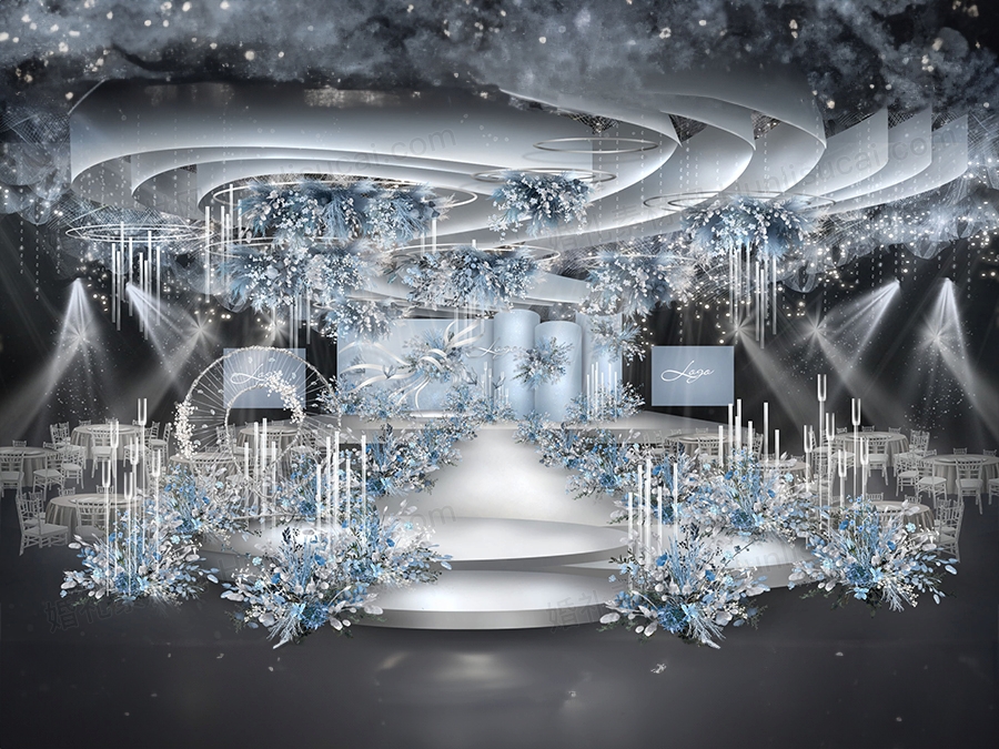 浅蓝色高端简约大气圆弧背景舞台效果图布艺大吊顶婚礼设计素材 - 婚礼素材网