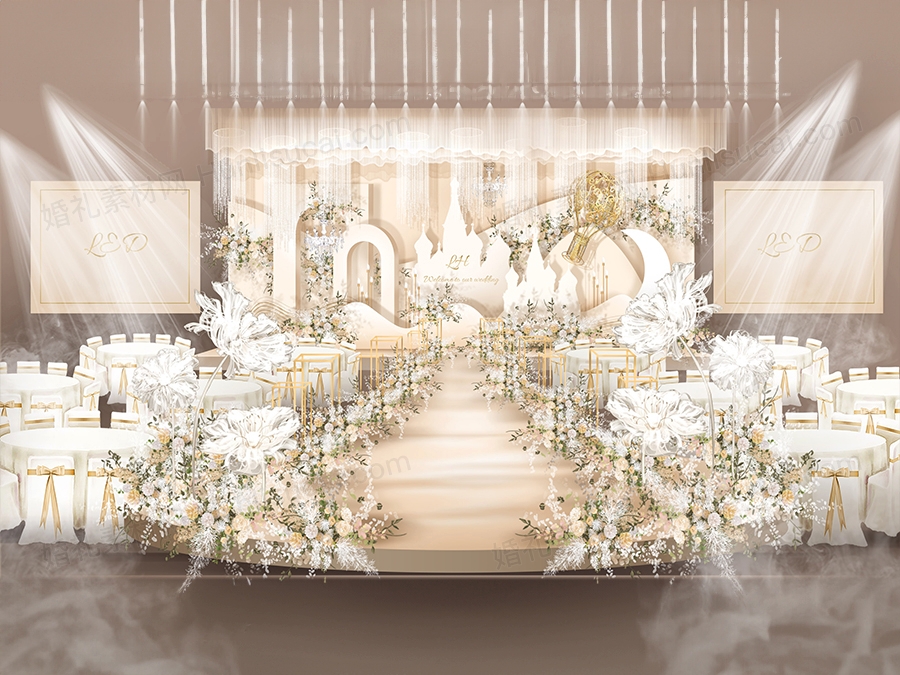 香槟色城堡KT喷绘PSD制作背景源文件素材婚礼大厅效果图设计 - 婚礼素材网