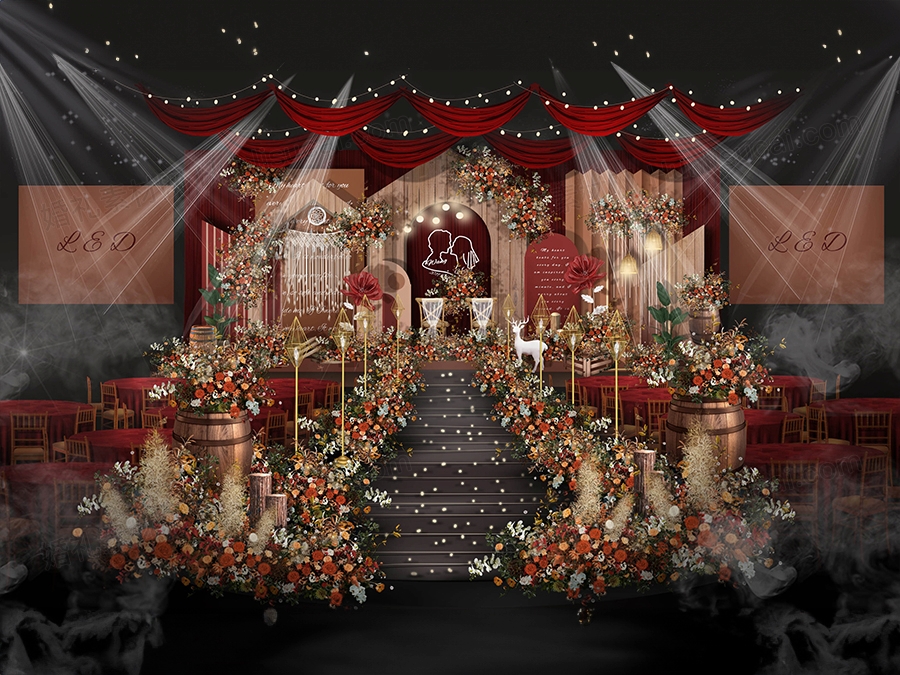 红棕色泰式莫兰迪风格小预算婚礼效果图设计素材PSD布置设计 - 婚礼素材网