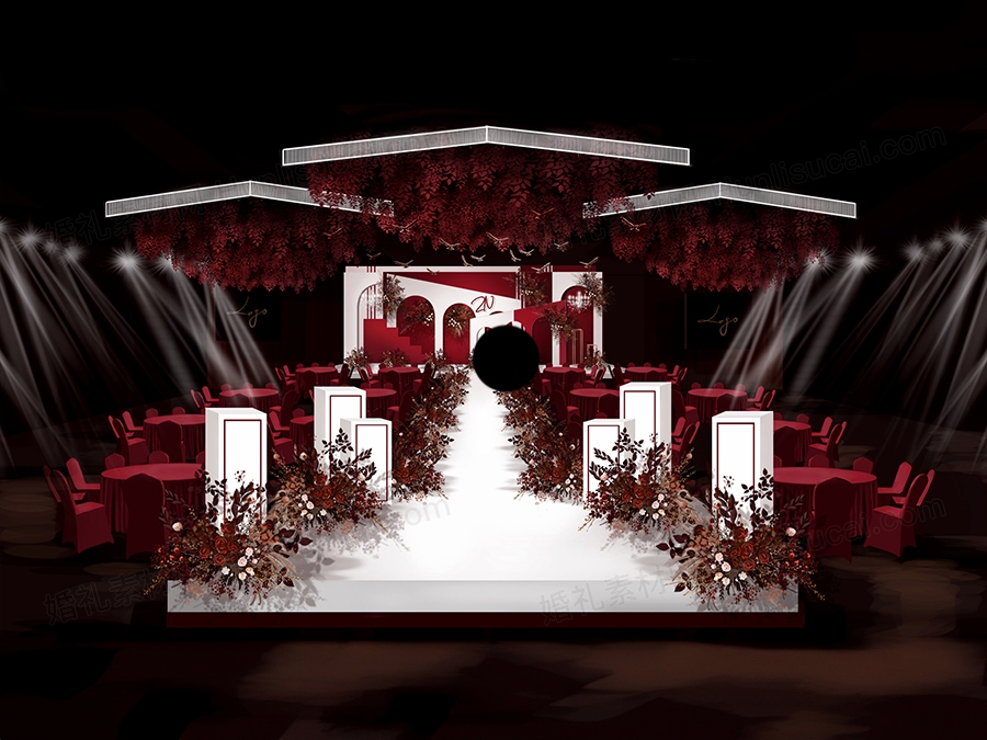 红白色大气高端婚礼效果图设计PSD素材手绘吊顶道具分层素材 - 婚礼素材网