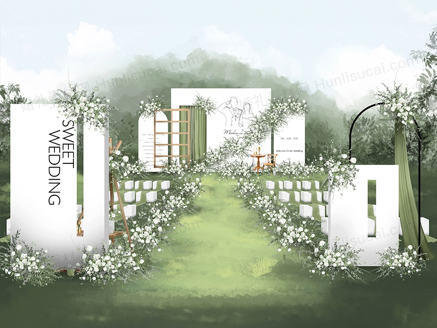 白色绿色军婚户外草坪婚礼设计婚庆手绘效果图背景方案素材psd - 婚礼素材网