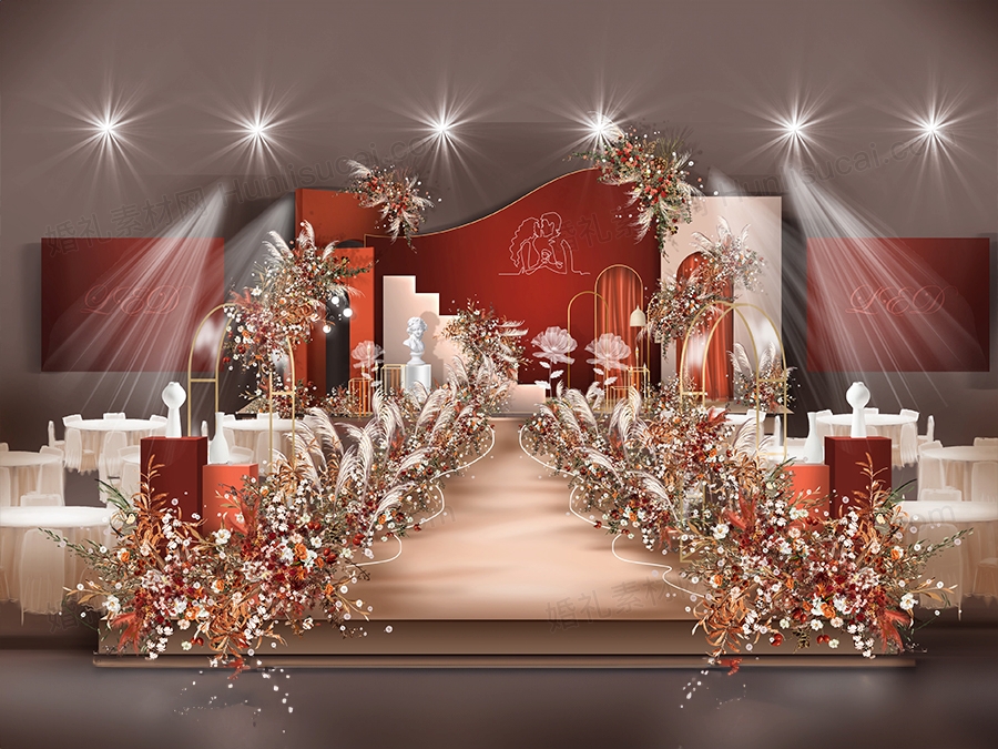 莫兰迪橘色砖红色泰式婚礼设计婚庆舞台展示区效果图背景素材 - 婚礼素材网