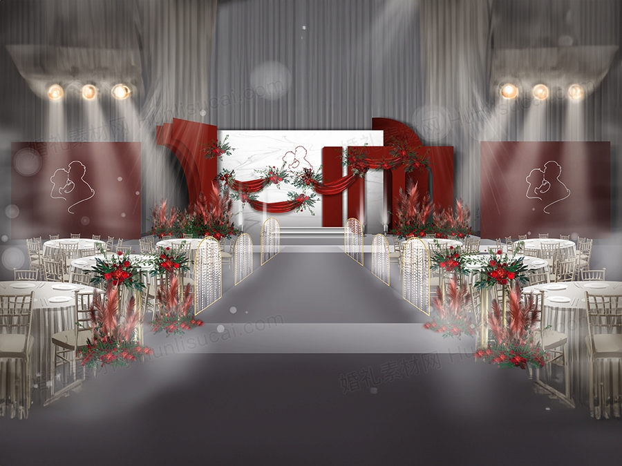 红色白色圣诞风格婚礼背景INS简约舞台背景效果图设计素材 - 婚礼素材网