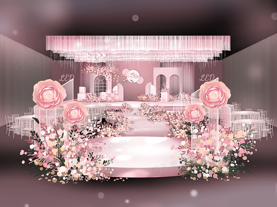 粉色INS简约唯美西式婚礼设计婚庆舞台效果图背景喷绘素材 - 婚礼素材网