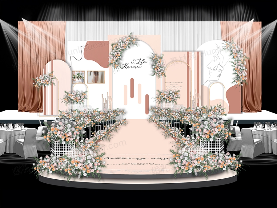 莫兰迪粉色淡橘色泰式婚礼设计婚庆舞台背景装饰喷绘设计素材 - 婚礼素材网