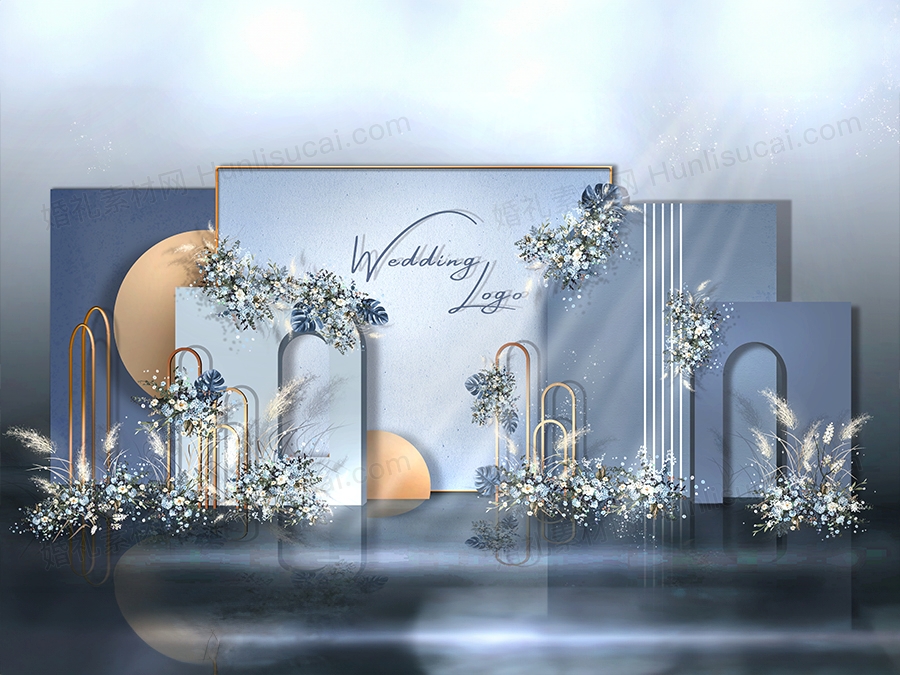 莫兰迪蓝色泰式婚礼设计展示区迎宾区舞台背景喷绘制作素材效果图 - 婚礼素材网