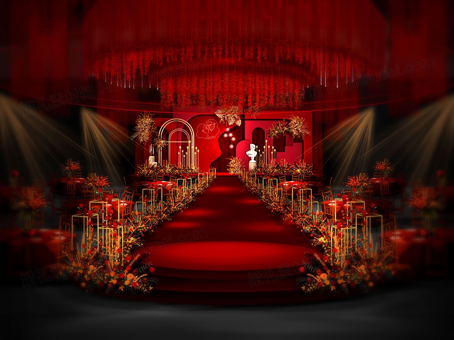 红色喜庆西式简约高端莫兰迪婚礼设计婚庆效果图背景方案素材 - 婚礼素材网