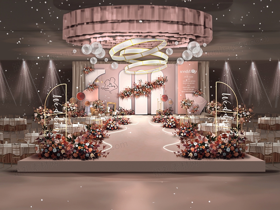 莫兰迪香槟粉色简约高端婚礼设计婚庆效果图背景方案喷绘素材 - 婚礼素材网