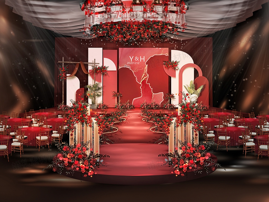 红色喜庆泰式水彩鎏金背景婚礼设计婚庆效果图背景方案素材psd - 婚礼素材网