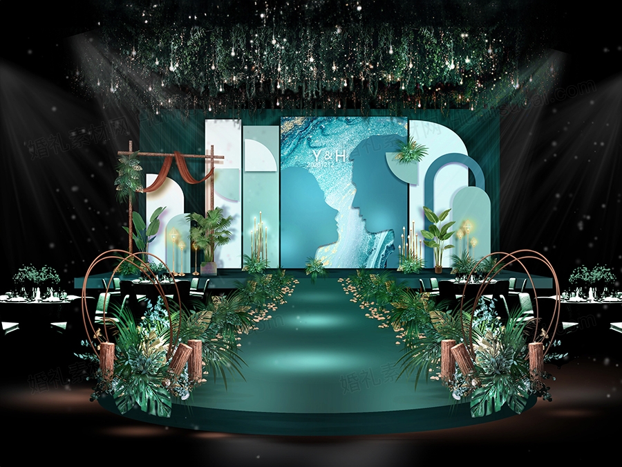 蓝绿色森系泰式水彩鎏金背景婚礼设计婚庆舞台效果图素材psd - 婚礼素材网