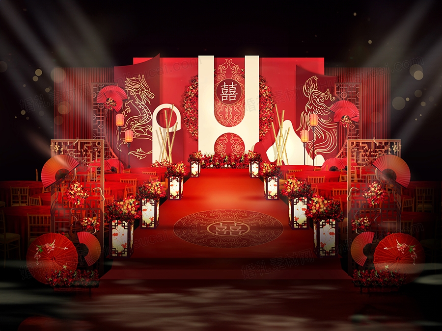 红色龙凤新中式婚礼效果图设计PS源文件素材KT喷绘制作背景 - 婚礼素材网
