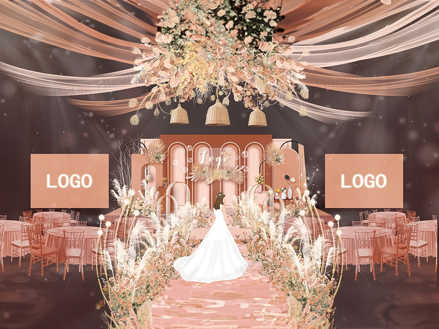 莫兰迪橘色高端泰式婚礼设计效果图舞台展示区签到背景方案素材 - 婚礼素材网