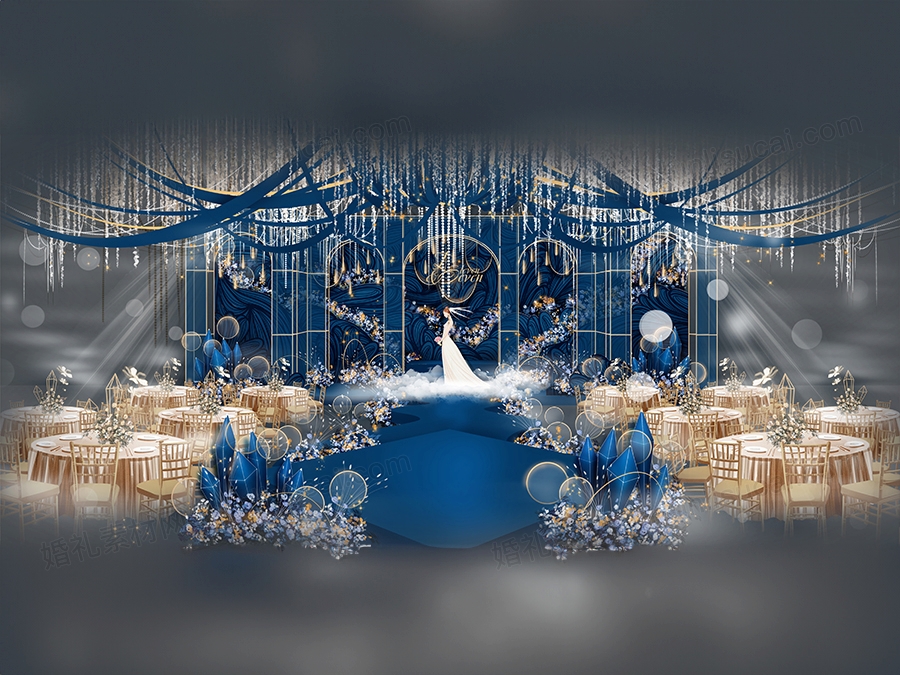 深蓝色拱门造型道具婚礼设计婚庆效果图舞台展示区背景喷绘素材 - 婚礼素材网