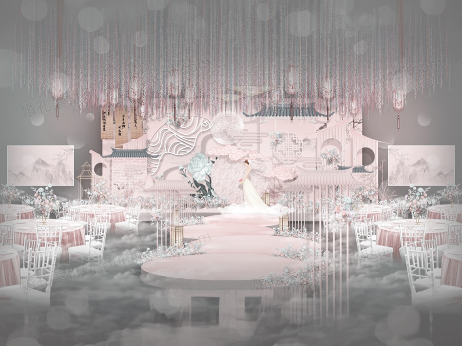 粉色新中式传统喜庆中国风婚礼设计婚庆效果图舞台展示区背景素材 - 婚礼素材网