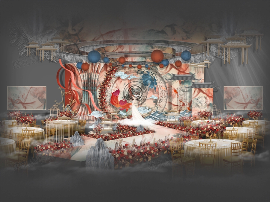 红蓝粉色海玉海棠主题中国风新潮新中式婚礼设计效果图背景素材 - 婚礼素材网