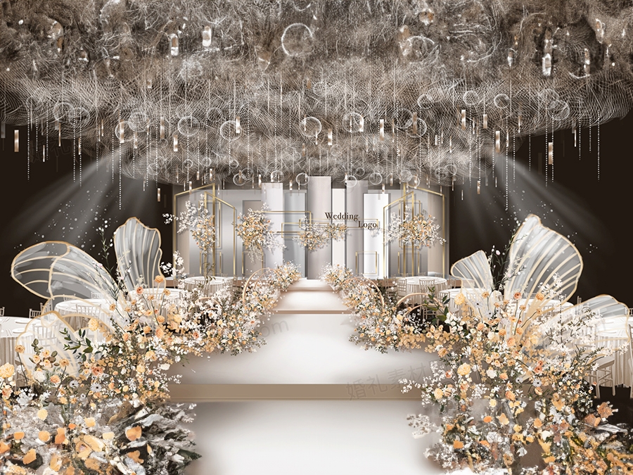 香槟色浅色高端泰式婚礼设计婚庆效果图舞台展示区背景素材psd - 婚礼素材网