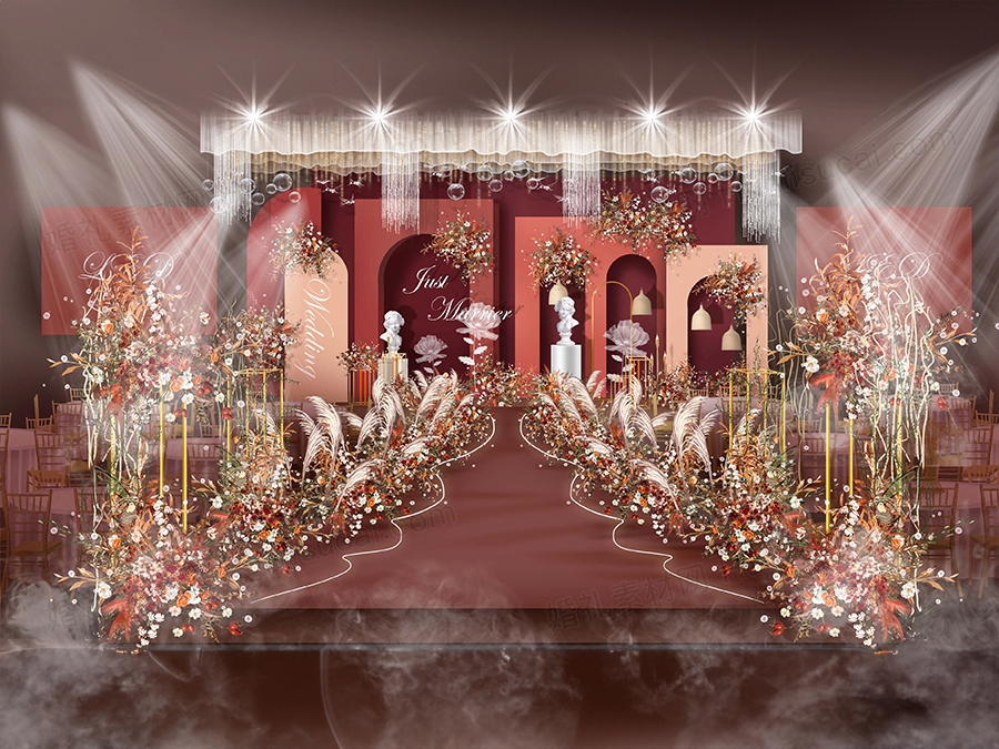 红色香槟色酒红色高端简约泰式婚礼设计婚庆效果图背景素材psd - 婚礼素材网
